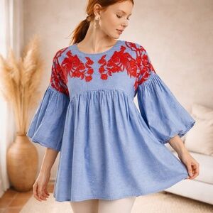 Anthropologie Hemant & Nandita Lianna Embroidered Chambray Top S